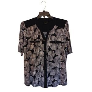 Elie McCarthy Women’s Navy White Blouse Size 1X Split Neck Circles